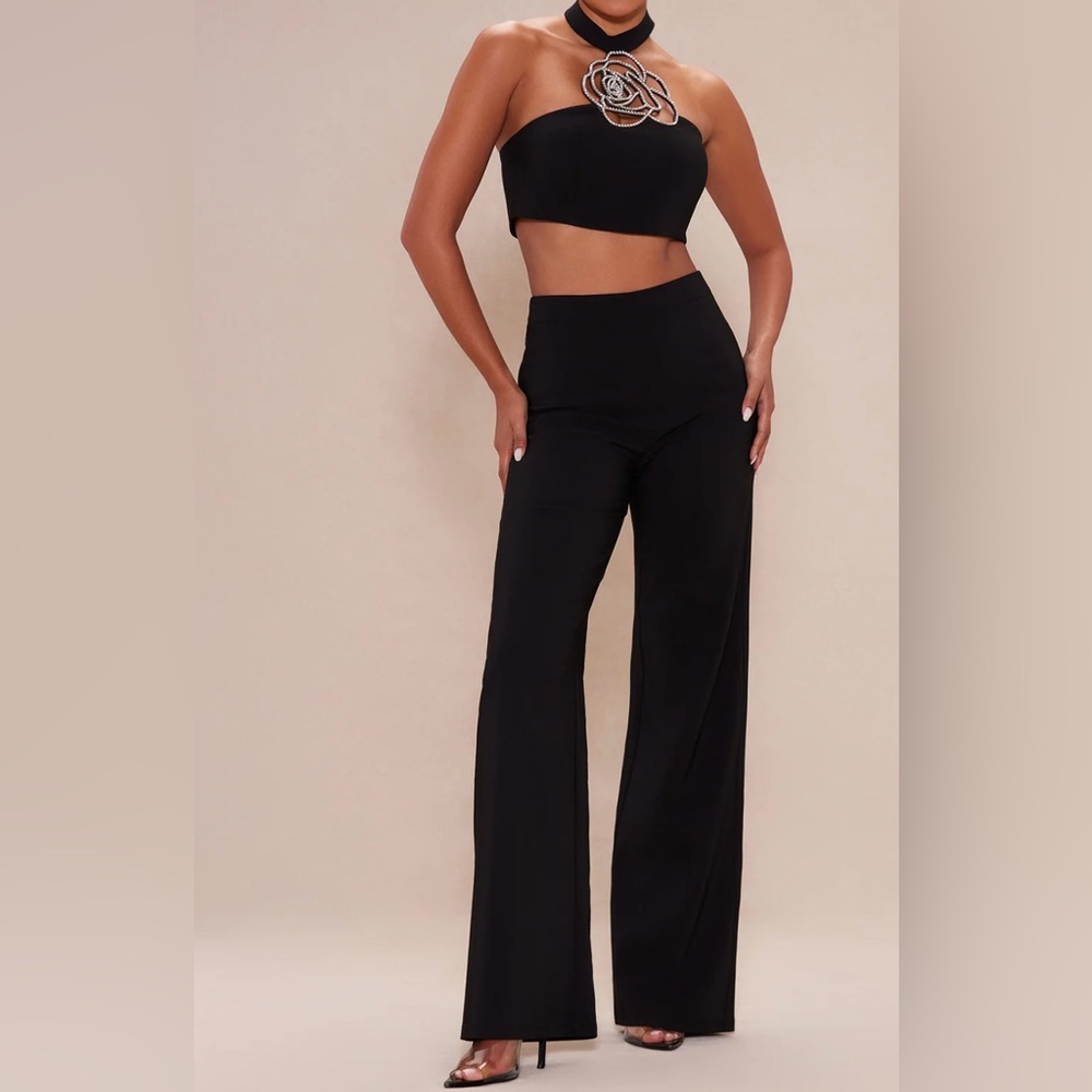 Elegant Black 2piece Pants set with Rhinestone Rose Detail